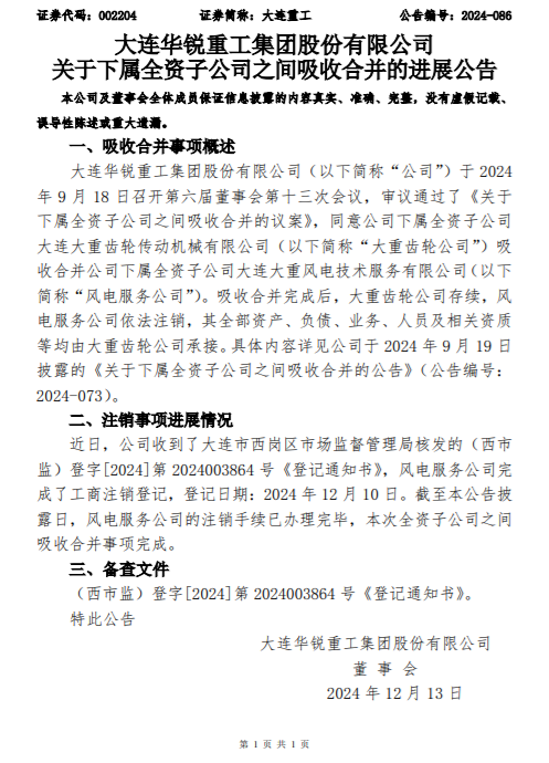 大连重工完成重组：大重齿轮完成风电服务吸收合并