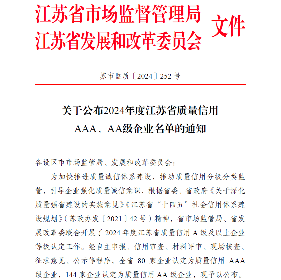 南京科润荣膺江苏省质量信用AAA级企业认证